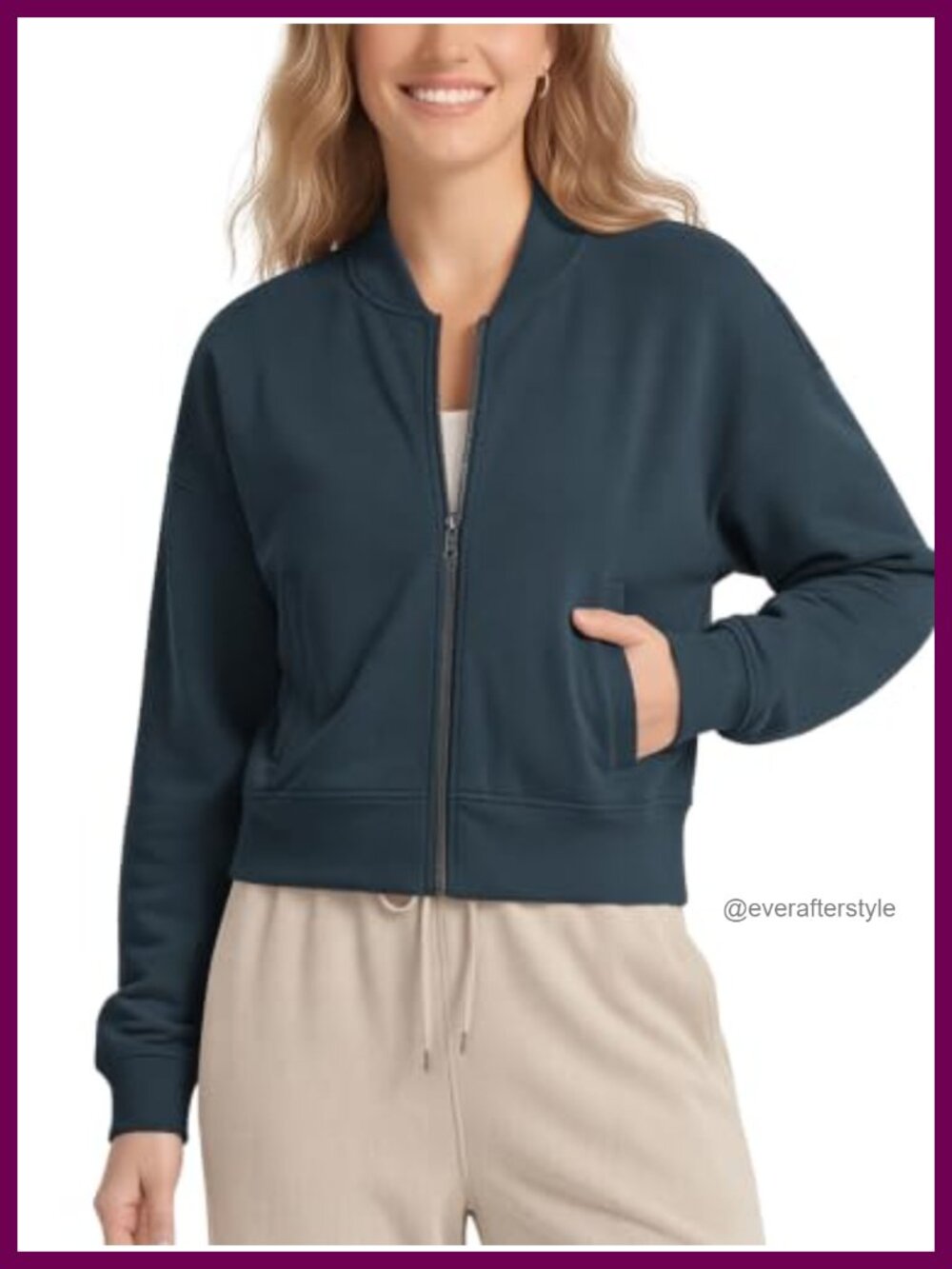 Modal Soft Full-Zip Bomber Jacket Cropped Casual Fall Long Sleeve